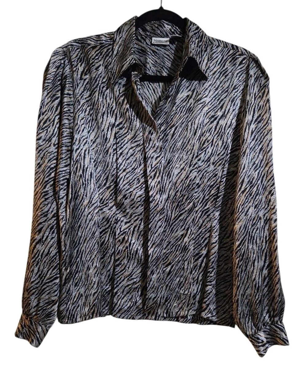 Vintage Marlis By Elle Designs Tiger Animal Print Long Sleeve Blouse Sz 10 Caree